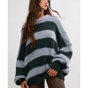 Free People Green and Gray Striped Sweater